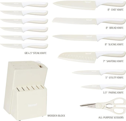 hecef 15 Pieces Kitchen Knife Set with Built-in Sharpening Wooden Block, Dishwasher Safe, High Carbon Stainless Steel Knife Block Set with Steak Knives, Kitchen Scissors, Cream White