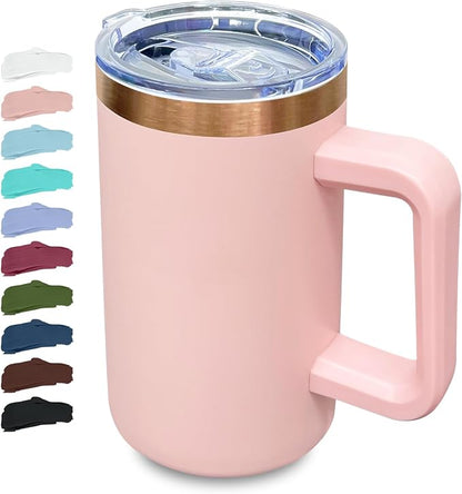 20 oz Insulated Coffee Mug with Lid, Stainless Steel Coffee Tumbler Bulk, Double Wall Vacuum Travel Mug with Handle, Leakproof Powder Coated Coffee Cups for Hot and Cold Drinks (Pink,1 pack)