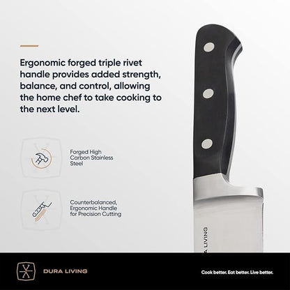 DURA LIVING 3-Piece Kitchen Knife Set – Ultra-Sharp Forged High Carbon Stainless Steel, Includes 8" Chef, 5" Utility, 3.5" Paring Knives, Ergonomic Handles, Professional Starter Set, Black