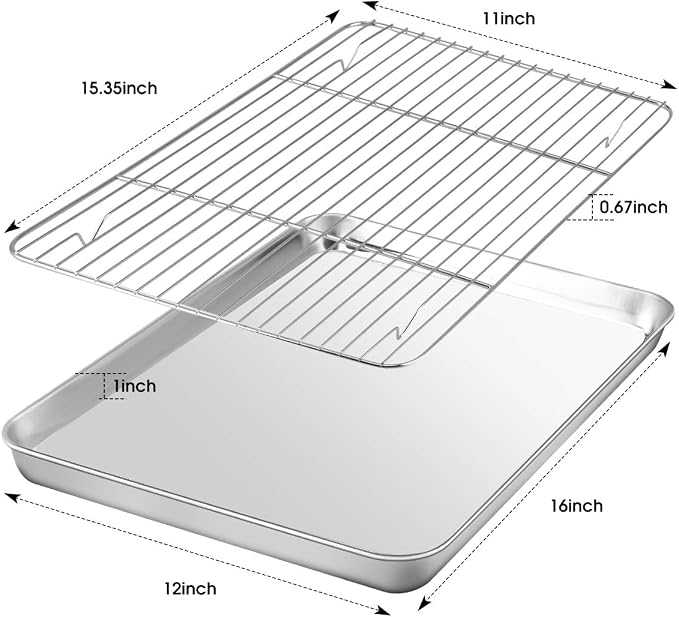 HUSHIDA Stainless Steel Baking Sheet Pan Set, 16 x 12 inches, Includes 2 Sheets + 2 Cooling Racks, Silver, Chemical Free