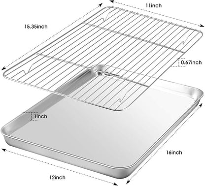 HUSHIDA Stainless Steel Baking Sheet Pan Set, 16 x 12 inches, Includes 2 Sheets + 2 Cooling Racks, Silver, Chemical Free