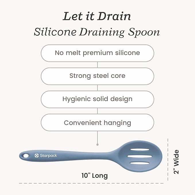 Starpack 'Let it Drain' Silicone Slotted Spoon (10.6 Inches) - Small Spoon with Slots for Cooking Heat Resistant to 600°F - Silicone Slotted Serving Spoons, Non Stick Cooking Spoons with Slots