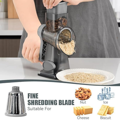 KEOUKE Rotary Cheese Grater Hand Crank Transparent - Shredder Slicer Grinder 3 Stainless Steel Blades, Stable Suction, Labor-Saving Handle, Safe Kitchen Tool for Cheese, Vegetable, Nuts, Chocolate