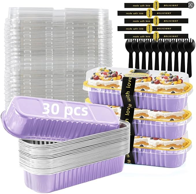 Lavender Purple Mini Loaf Pans with Lids & Spoons, 30 Count 6.8oz Disposable Aluminum Foil Cake Pans, Mini Cake Containers & Baking Tins for Desserts, Party Favors, Baking & Gift Packaging