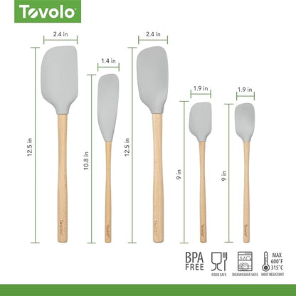 Tovolo Silicone Spatula with Wooden Handle Set of 5 Piece Silicone Kitchen Utensil Set Spoonula Jar Scraper Mini Spatula and Spoonula for Cooking Baking Mixing Folding Oyster Gray