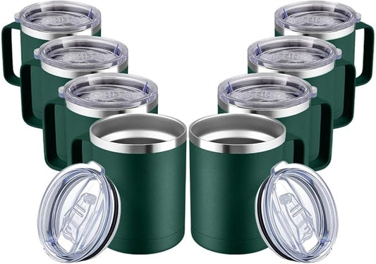 MEWAY 12oz Coffee Mug With Handle and Sliding Lid,Stainless Steel Travel Tumbler Cup with Handle,Double Wall Vacuum Insulated Camping Cup for Hot & Cold Drinks Tea (Forest Green,Set of 8)