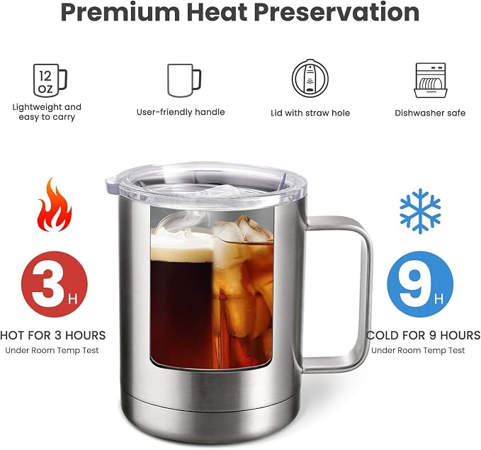 MEWAY 12oz Coffee Mug With Handle 8 Pack Bulk,Stainless Steel Insulated Travel Tumblers With Sliding Lid,Double Wall Vacuum Camping Cup for Hot & Cold Drinks Tea (Sliver,Set of 8)