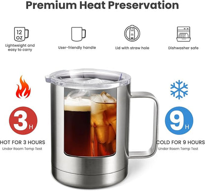 MEWAY 12oz Coffee Mug With Handle 8 Pack Bulk,Stainless Steel Insulated Travel Tumblers With Sliding Lid,Double Wall Vacuum Camping Cup for Hot & Cold Drinks Tea (Sliver,Set of 8)