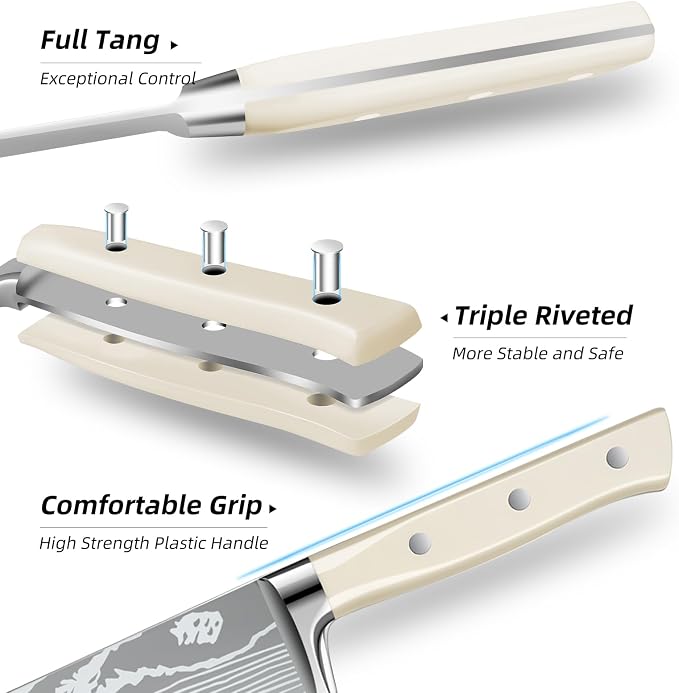 MDHAND Chef Knife Set with Roll Bag, 9PCS Professional Knife Set with Sharpener, High Carbon Stainless Steel Japanese Kitchen Knife Set - Forged Triple Rivet Handle, Dishwasher Safe, Chef Gifts, White