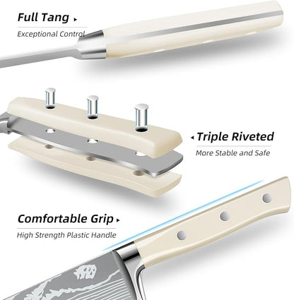 MDHAND Chef Knife Set with Roll Bag, 9PCS Professional Knife Set with Sharpener, High Carbon Stainless Steel Japanese Kitchen Knife Set - Forged Triple Rivet Handle, Dishwasher Safe, Chef Gifts, White