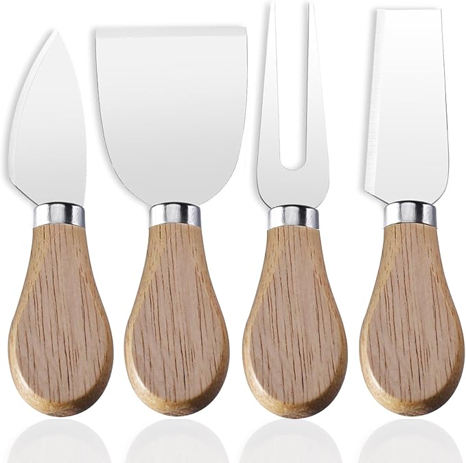 Linwnil 4-Piece Set of Stainless Steel Cheese Knives with Wood Hand, Including Cheese Slicer and Cheese Cutters, Essential Cheese Tools for the Kitchen (Oak handle, Silver)