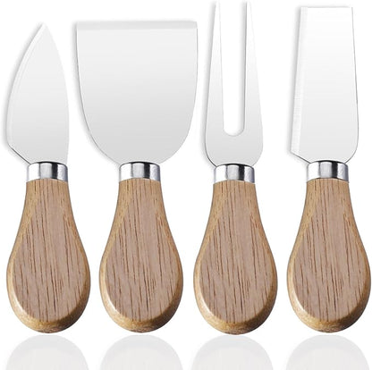 Linwnil 4-Piece Set of Stainless Steel Cheese Knives with Wood Hand, Including Cheese Slicer and Cheese Cutters, Essential Cheese Tools for the Kitchen (Oak handle, Silver)
