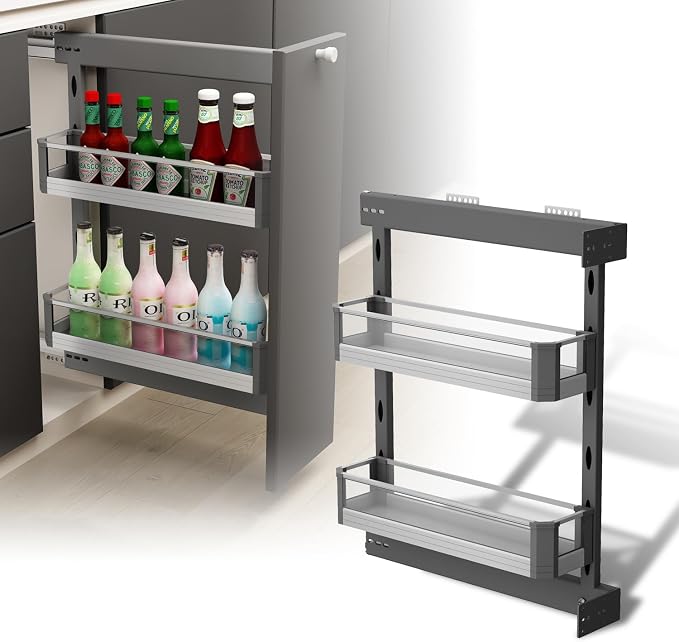 VADANIA Naro Pull Out Cabinet Organizer with Glass Side Panels, 2-Tier Spice Rack for 8" Base Cabinets, Soft Close Full-Extension Slides, Reversible Left or Right Side Mount