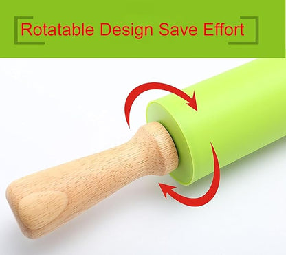 Silicone Rolling Pin, Red 11.4 Inch Pin with Wooden Rotatable Handle for Dough of Baking Bread, Cookie, Pizza (red, 11.4 inch)