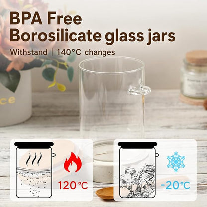 Coffee Sugar Container Salts Jars - 15oz Glass Airtight Caning with Bamboo Lids and Spoons Scoop, Storage Overnight Oats, Spice, Creamer, Food Organizer, Set of 3