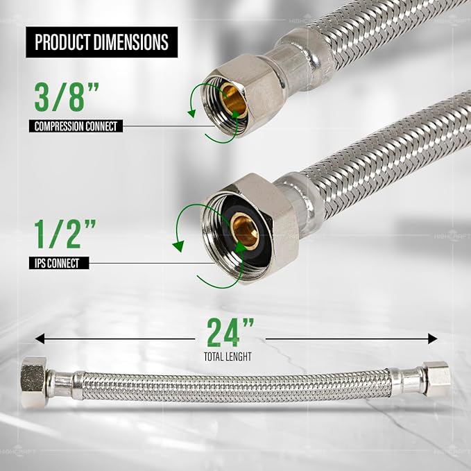 Highcraft Faucet Hose Connector 24" Length, 1/2" IPS X 3/8" Comp FIP Flexible Braided Stainless Steel Supply Line, Bathroom Kitchen Sink Extension (4 Pack)