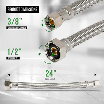 Highcraft Faucet Hose Connector 24" Length, 1/2" IPS X 3/8" Comp FIP Flexible Braided Stainless Steel Supply Line, Bathroom Kitchen Sink Extension (4 Pack)