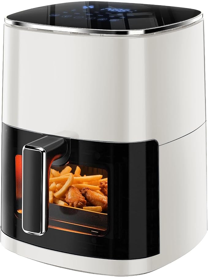 Simple Deluxe 12-in-1 Air Fryer 6.34 Qt, Digital Preset Airfryer with Visible Window, Nonstick and Dishwasher-Safe Basket, Air Fry, Roast, Bake, Dehydrate, Fries, 1700W, Beige