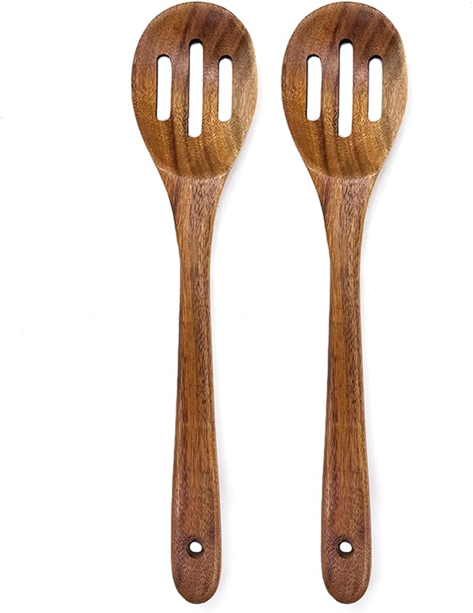 2-Piece 12 inch Large Wooden Spoon Set Slotted Spoon with Hole,Cooking Spoons Acacia Wood Kitchen Spatula for Mixing Spoons Stirring Serving Spoon ﻿ (WS-2)