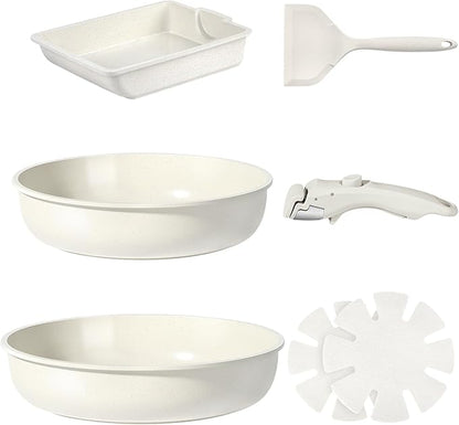 GiPP Ceramic Pots and Pans Set Non Stick, Nonstick Detachable Handle Cookware Sets, Non Toxic Induction Kitchen Pot and Pan with Removable Handle, Healthy RV Cookware, Dishwasher ＆Oven Safe, 7 Piece