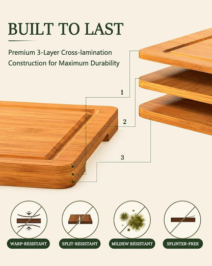 Cutting Boards for Kitchen, Bamboo Cutting Board Set of 3 with Storage Stand, Deep Carbonized Chopping Boards with Deep Juice Grooves and Side Handles for Meat, Vegetables, Fruit and Meal Prep