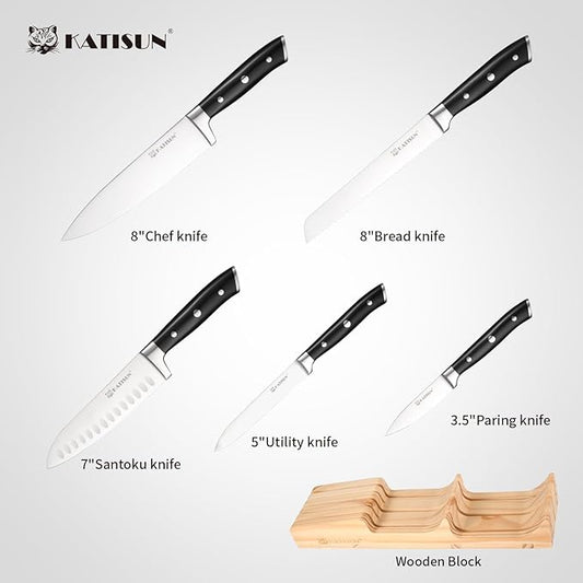 In-Drawer Knife Block with 5 Pieces Knives, Bamboo Knife Drawer Organizer for Kitchen, Perfect for Home and Chefs, Premium Knife Holder, Slots for 5 Knives Kitchen Drawer, Counter Top