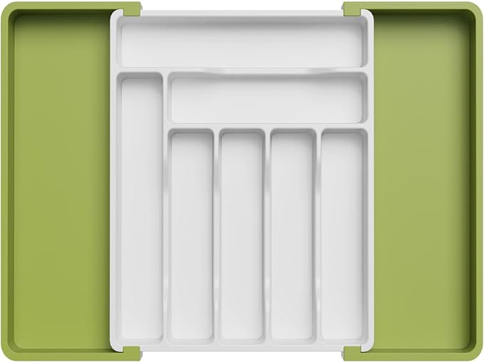 Lifewit Utensil Organizer for Kitchen Drawer, Expandable Cooking Silverware Tray, Adjustable Cutlery Flatware Holder, Plastic Spatula Tools Storage Divider, 13-22.4 x 15", Green&White