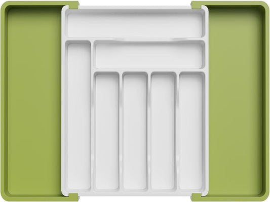 Lifewit Utensil Organizer for Kitchen Drawer, Expandable Cooking Silverware Tray, Adjustable Cutlery Flatware Holder, Plastic Spatula Tools Storage Divider, 13-22.4 x 15", Green&White