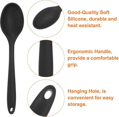 HARFINGTON 2Pcs Silicone Spoons, Heat Resistant Kitchen Cooking Utensil Spoon for Cooking, Mixing, Stirring and Serving, Black