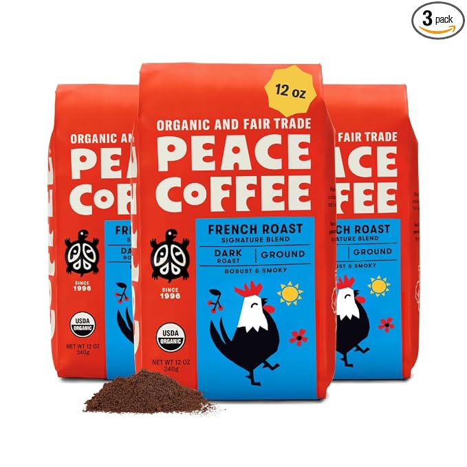 Peace Coffee French Roast, Ground Dark Roast, 12 oz, Pack of 3, Organic Fair Trade, Nutty, Bold Flavor, Shade Grown, Fresh Roasted