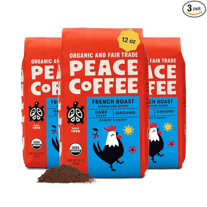 Peace Coffee French Roast, Ground Dark Roast, 12 oz, Pack of 3, Organic Fair Trade, Nutty, Bold Flavor, Shade Grown, Fresh Roasted