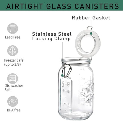Tebery 4 Pack Clear Wide Mouth Glass Mason Jars with Airtight Clamp Lids, 32Oz Glass Storage Containers Large Kitchen Canisters for Food, Flour, Pasta, Coffee, Candy, Dog Treats, Snacks & More
