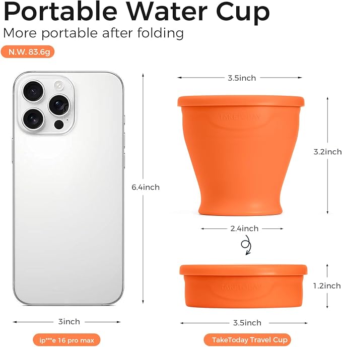 TakeToday Collapsible Travel Cup 8 oz - Silicone Foldable Water Cup, BPA-Free with Lid & Waterproof Bag - Drinking Cup Set for Camping, Outdoors & International Travel（Orange）