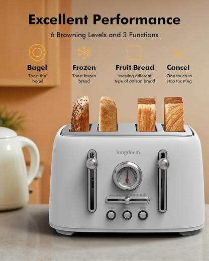 LONGDEEM 4-Slice Stainless Steel Toaster with 1.6" Wide Slots, Retro Bagel Toaster with 6 Browning Levels, Defrost/Bagel/Cancel, Removable Crumb Tray, White