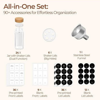 ComSaf Aesthetic Minimalist Spice Jars Set, 4 oz 24Pcs Glass Spice Containers with Labels, Bamboo Lids, 6 Extra Shaker Inserts, 93 Labels, Metal Funnel, Square Jars for Pantry Organization