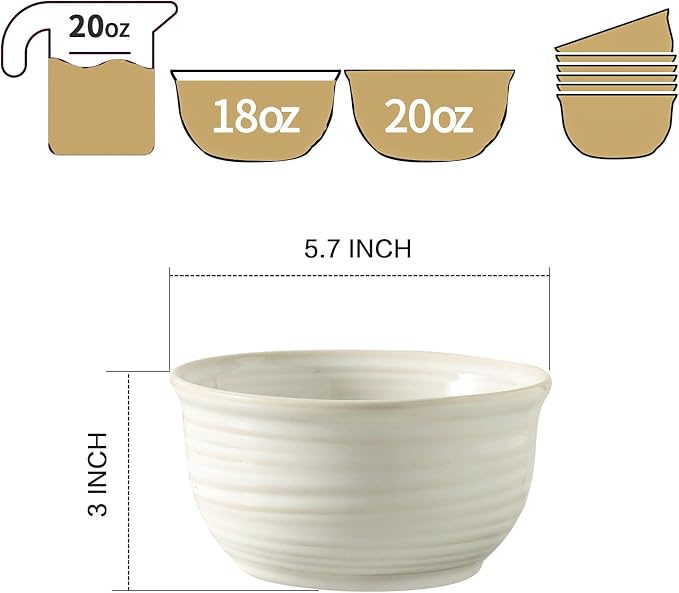 Ceramic Soup Bowls Set of 6, 20 Ounce Deep Creamy White Cereal Bowls, Microwave & Dishwasher Safe, Perfect for Oatmeal, Pasta, Salad, Dessert & Breakfast