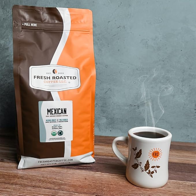 Fresh Roasted Coffee, Organic Mexican Whole Bean Coffee, Medium Roast, USDA Organic, 3rd Party Tested for Mold, Mycotoxin & Pesticides, Kosher, 5 lb (80 oz)
