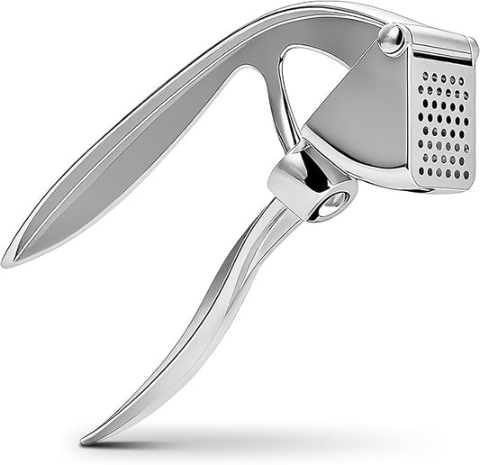 Garlic Press, Premium Metal Garlic Mincer Tool, Heavy Duty Garlic Crusher with Ergonomic Handle, Rust Proof & Dishwasher Safe, Easy to Squeeze and Clean -Silver