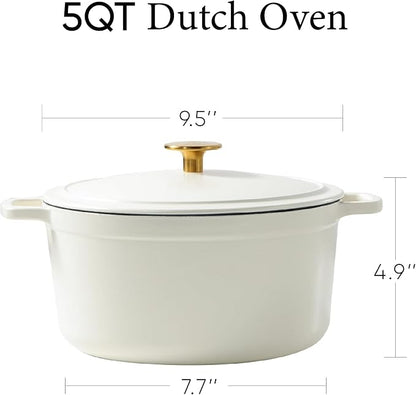 CAROTE 5QT Enameled Cast Iron Dutch Oven Pot with Lid, Heavy-Duty Dutch Oven for Sourdough Bread Baking, Braising, Stews, Roasting, Healthy & Non-Toxic, Dual Handles, All Stovetop Compatible, Oven Safe up to 500° F, Cream White