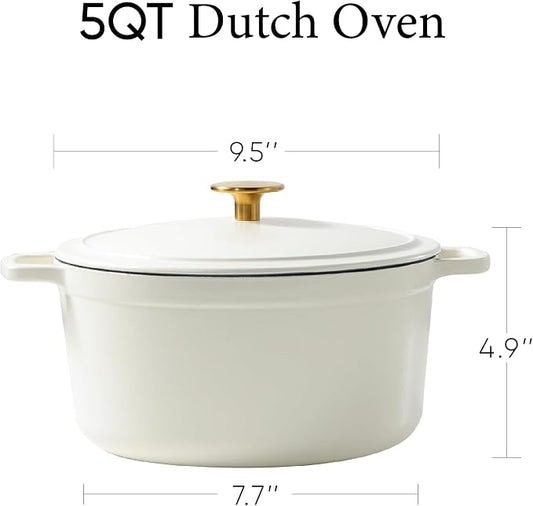 CAROTE 5QT Enameled Cast Iron Dutch Oven Pot with Lid, Heavy-Duty Dutch Oven for Sourdough Bread Baking, Braising, Stews, Roasting, Healthy & Non-Toxic, Dual Handles, All Stovetop Compatible, Oven Safe up to 500° F, Cream White
