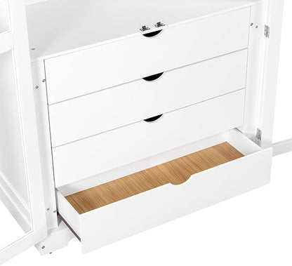 VilroCaz 75'' Tall Kitchen Pantry, Wood Freestanding Kitchen Storage Cabinet Display Cabinet with Glass Doors and 4 Built-in Drawers for Living Room Home Office (White-6.21)