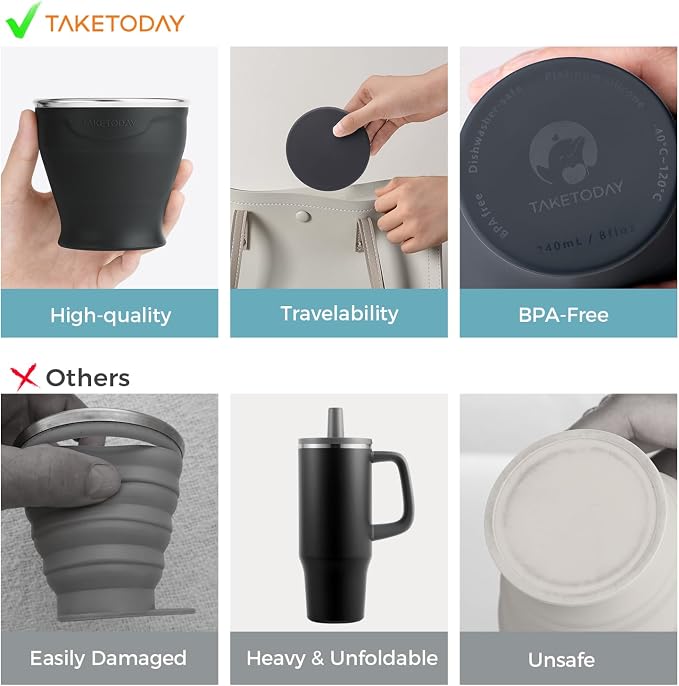 TakeToday 4PCS Collapsible Travel Cup 8 oz - Silicone Foldable Water Cup, BPA-Free with Lid & Waterproof Bag - Drinking Cup Set for Camping, Outdoors & International Travel
