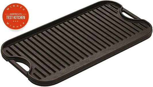 Lodge Pro-Grid Reversible Grill/Griddle - 20 Inches x 10.5 Inches - Dual-Sided Cast Iron Griddle - Double Burner Grill - Even Heat Distribution - PFAS-Free Non-Toxic Cookware