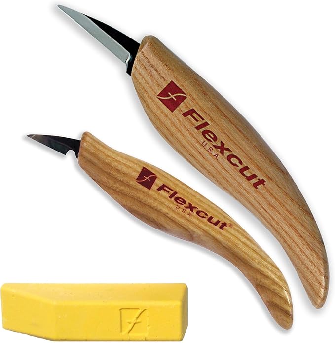 Flexcut Whittler’s Knife Kit (KN300) 2-Piece Set with KN13 & KN27 High-Carbon Steel Blades, Ergonomic Ash Wood Handles, Gold Polishing Compound, 5.2 oz, Made in USA