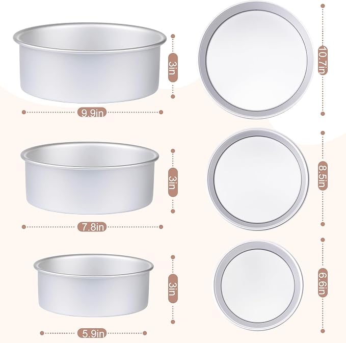 Round Cake Pan with Removable Bottom, Set of 3 (6 x 3 inch/8 x 3 inch/10 x 3 inch), Aluminum Baking Pans for Layer Cakes, Non-Stick, Evenly Heating Tools for Home Kitchen, Straight Side