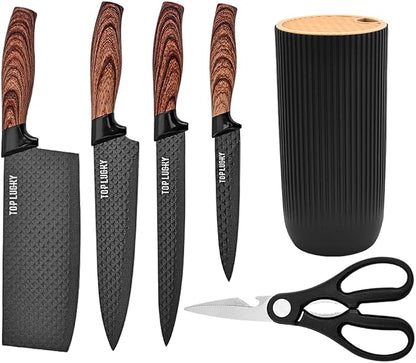 Knife Set, Wiztoynia 6-Piece Black Kitchen Knife Set for Home, Anti-Rust Non-stick Stainless Steel Sharp Chef Knife Set with Universal Knife Block for Kitchen, Ergonomical Design (Black)