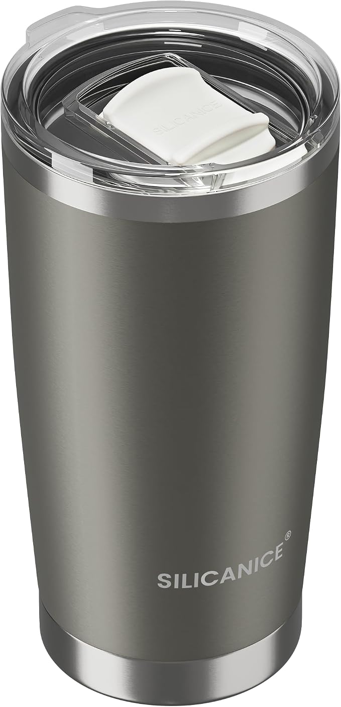 Coffee Tumbler 20 oz, Double Wall Stainless Steel Travel Coffee Mug with Removable Slider Lid, BPA Free, Car Cup Holder Compatible - Gym/Office/Travel/Home - Metal Gray