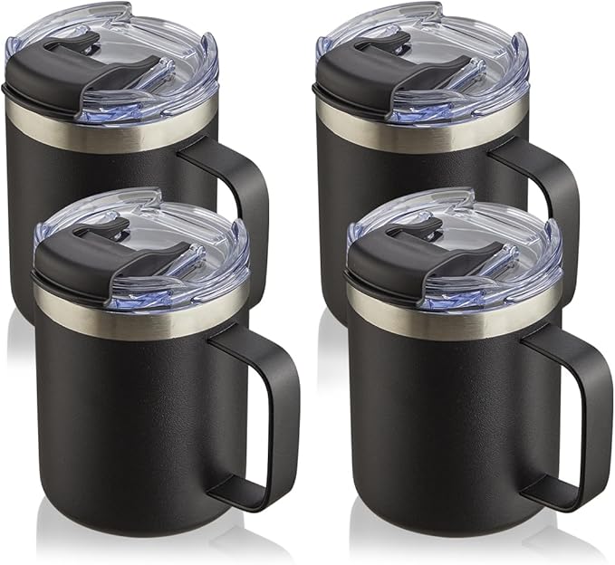 12oz Stainless Steel Insulated Coffee Mug with Handle, Double Wall Vacuum Tumbler Cup with Fliping Lid, Black, 4 Pack