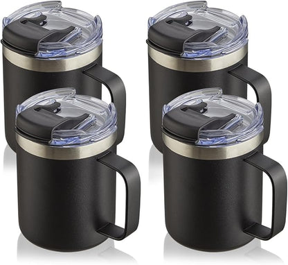 12oz Stainless Steel Insulated Coffee Mug with Handle, Double Wall Vacuum Tumbler Cup with Fliping Lid, Black, 4 Pack