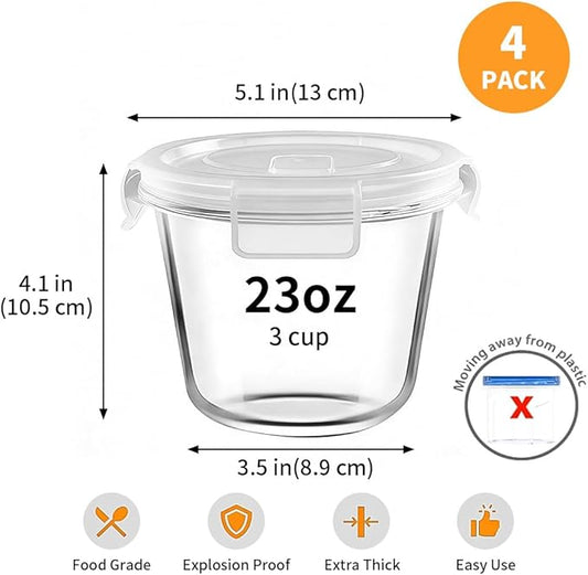 H.JSS WDJS 3Cup Round Glass Food Storage Containers with Airtight lids, 23oz Glass Meal Prep Containers, Heat-Resistant BPA-Free for Soup Leftover, Microwave, Dishwasher and Fridge Safe (white-4Pack)